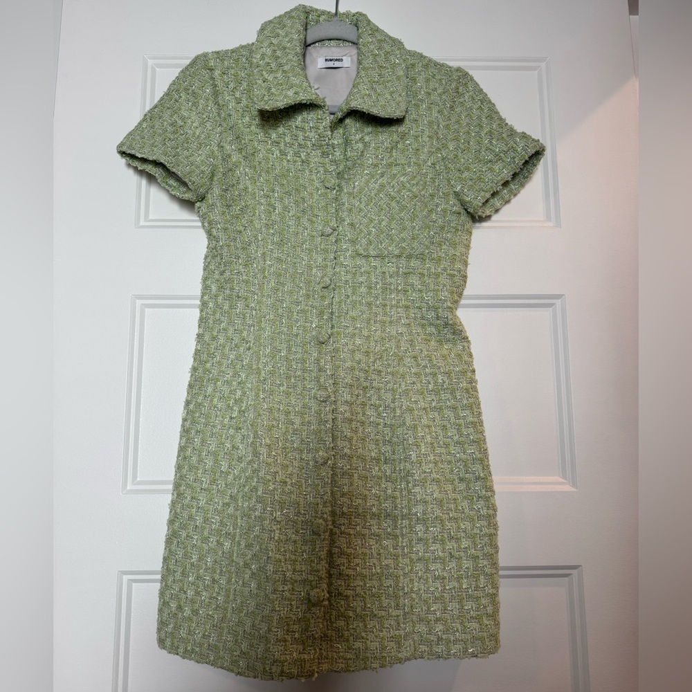Rumored Light Green Tweed Mini Dress